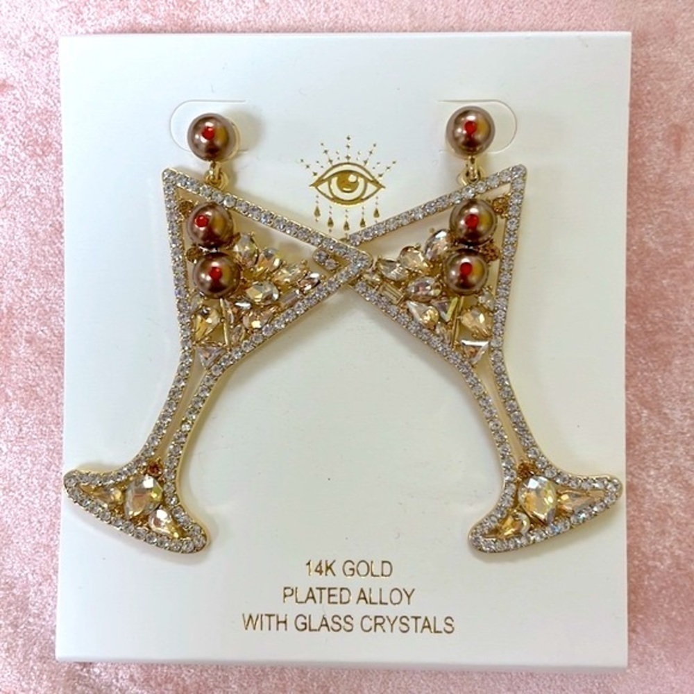 Brand New Martini Glass Olives 14K Gold Plated Alloy w/ Glass Crystals Earrings